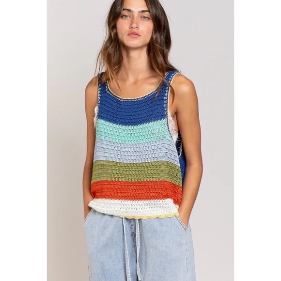 POL Blue Multi Striped Sleeveless Layering Sweater - Picture 2 of 11